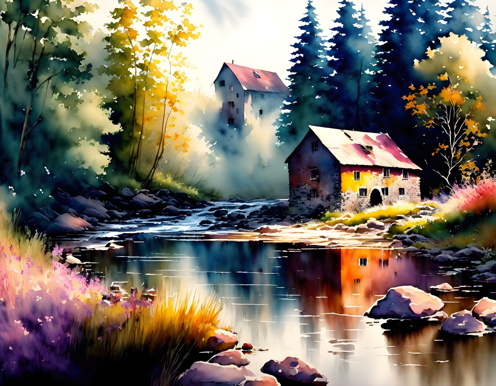 Serene riverside painting with stone house and autumn trees