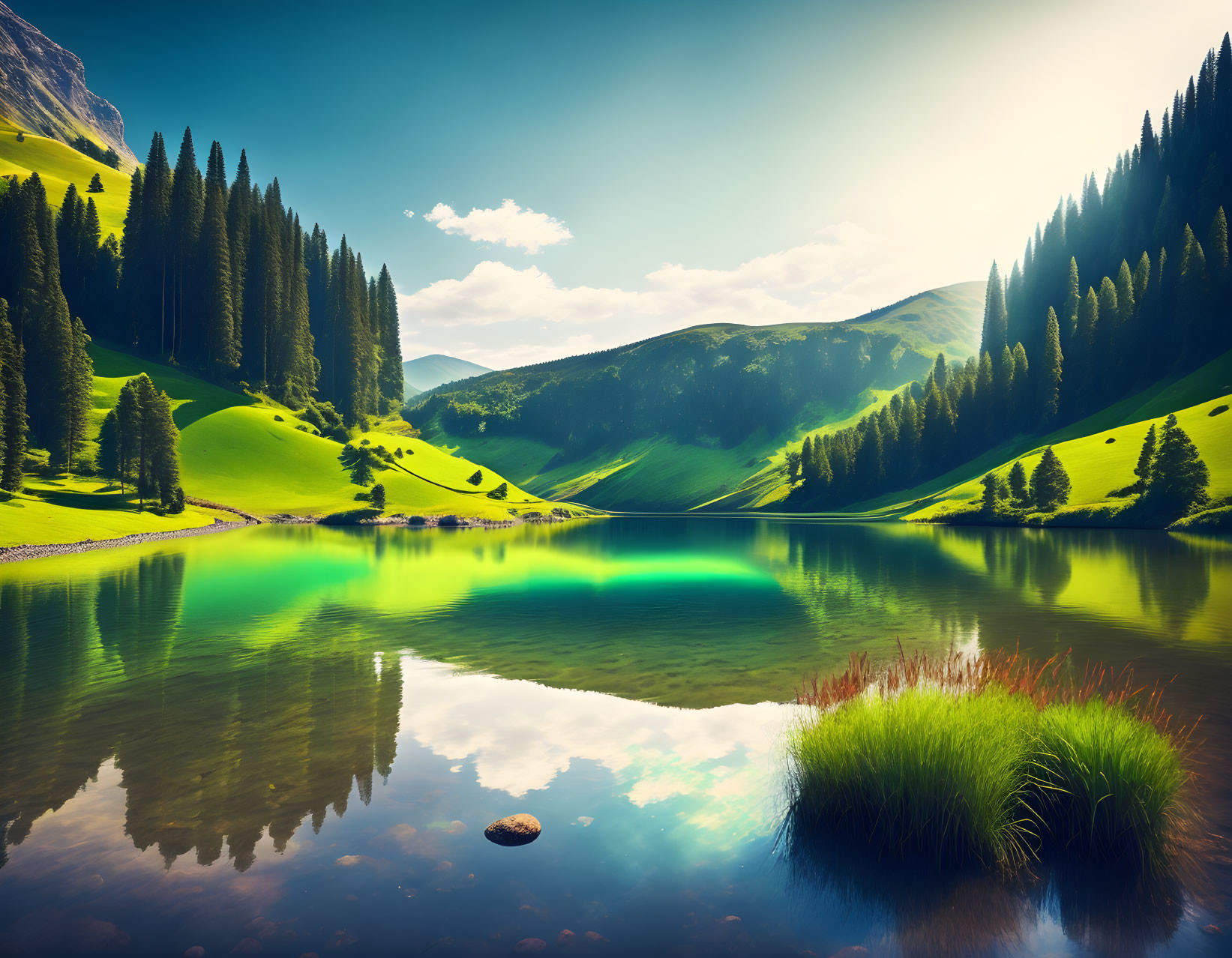 Tranquil mountain lake surrounded by lush green slopes and tall trees