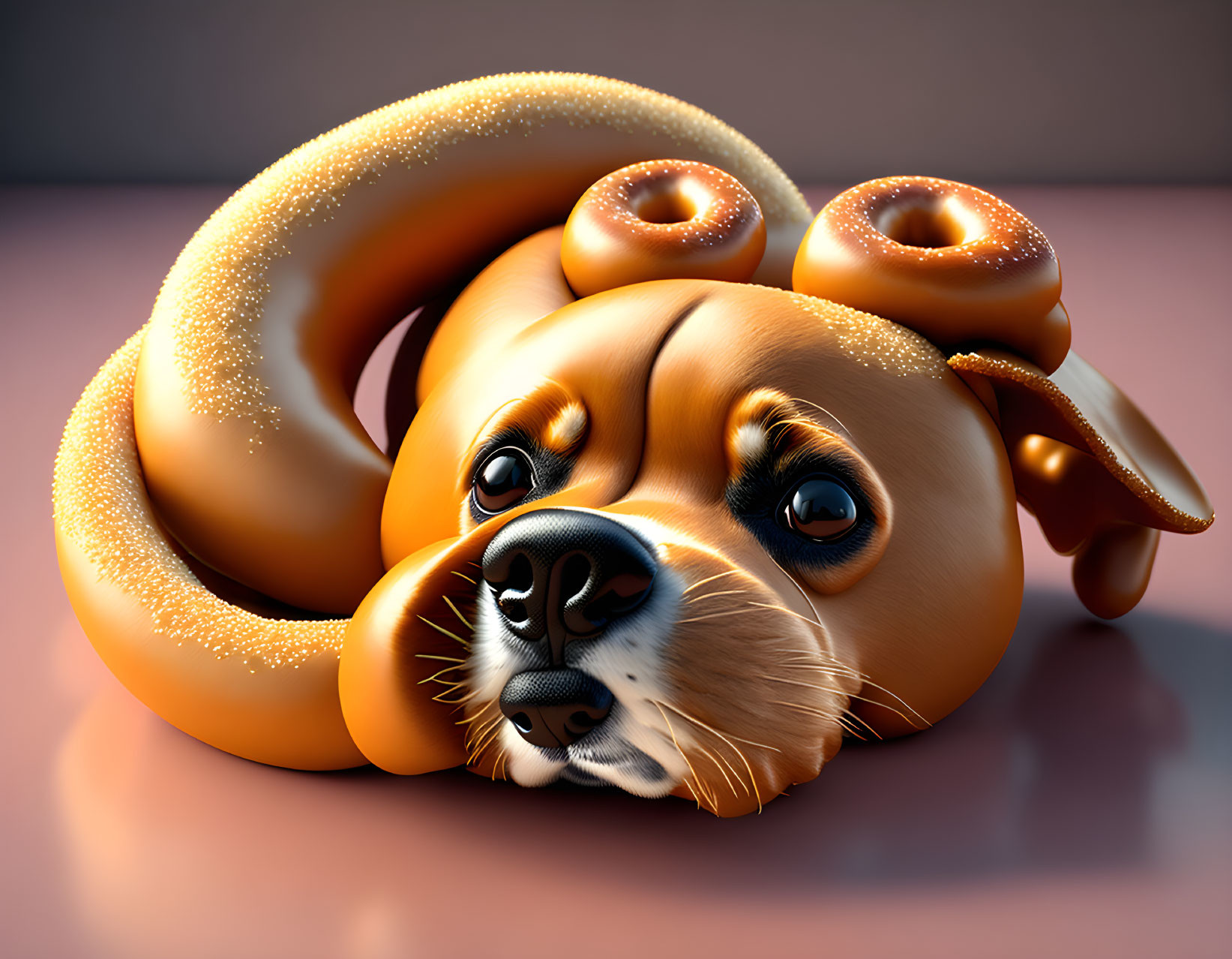 Whimsical 3D illustration: Dog twisted into pretzel shape