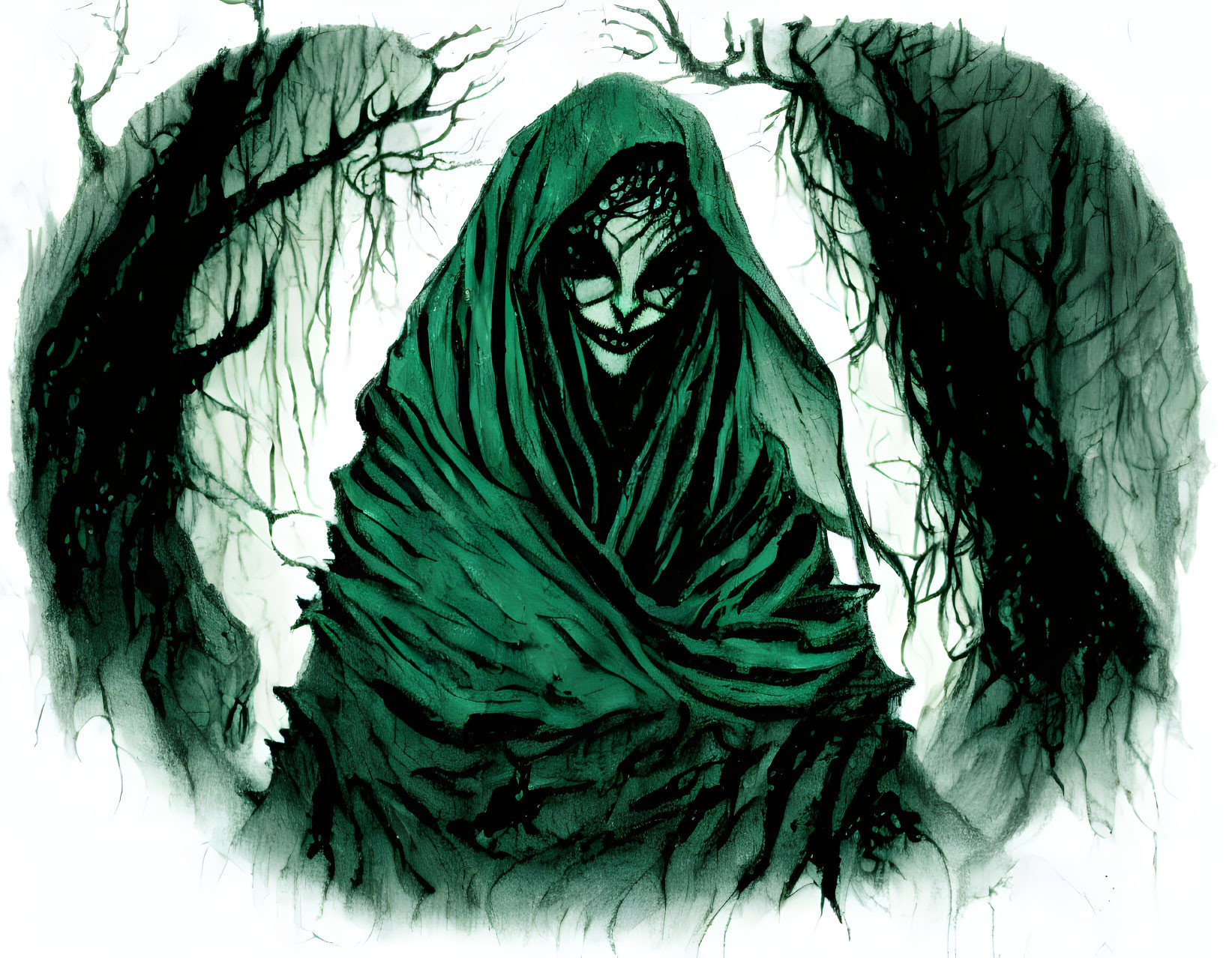 Illustration of shadowy figure in green cloak amid dark, gnarled trees