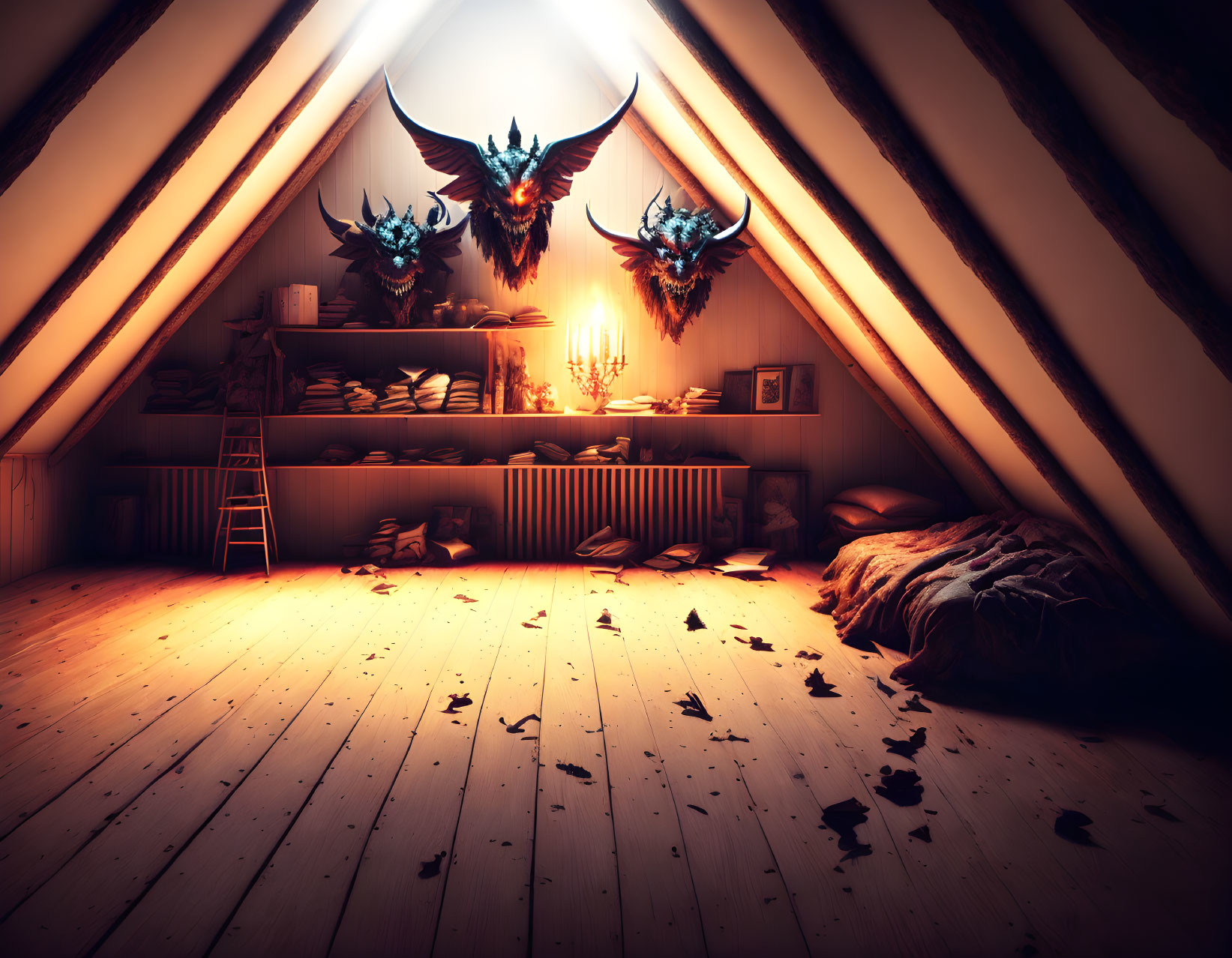 Attic room with wooden floors, candle arrangement, dragon masks, leaves, and cozy bed.