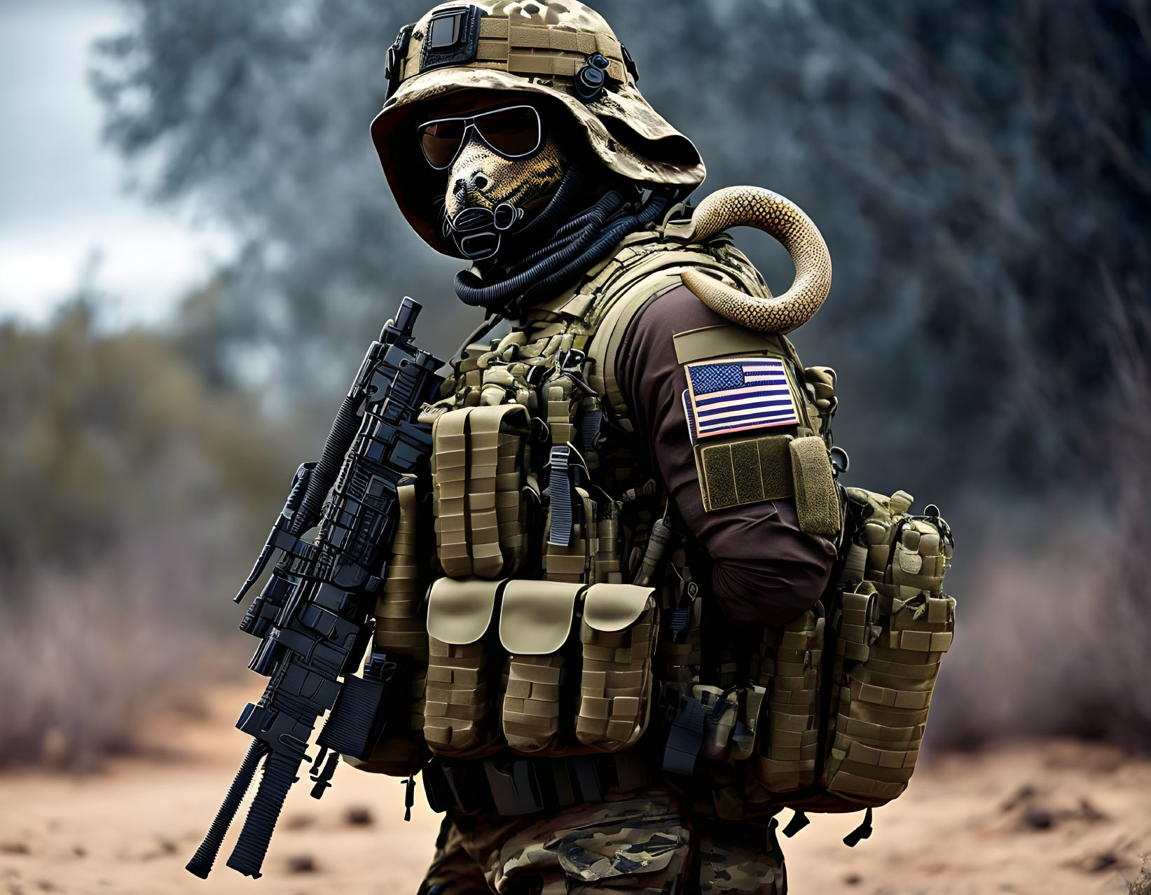 Military soldier in combat gear with American flag patch and rifle in front of blurred natural background