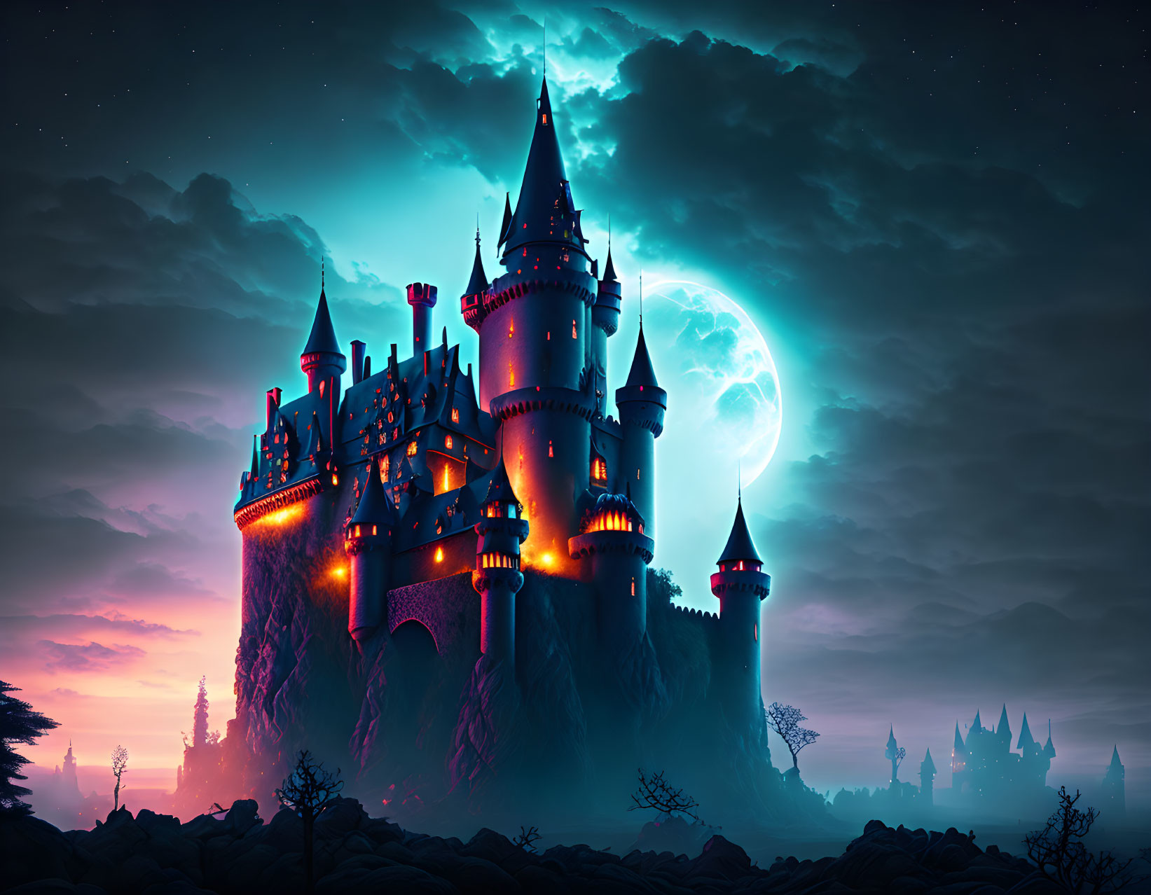 Castle with multiple spires on cliff under night sky with crescent moon in surreal purple and blue haze