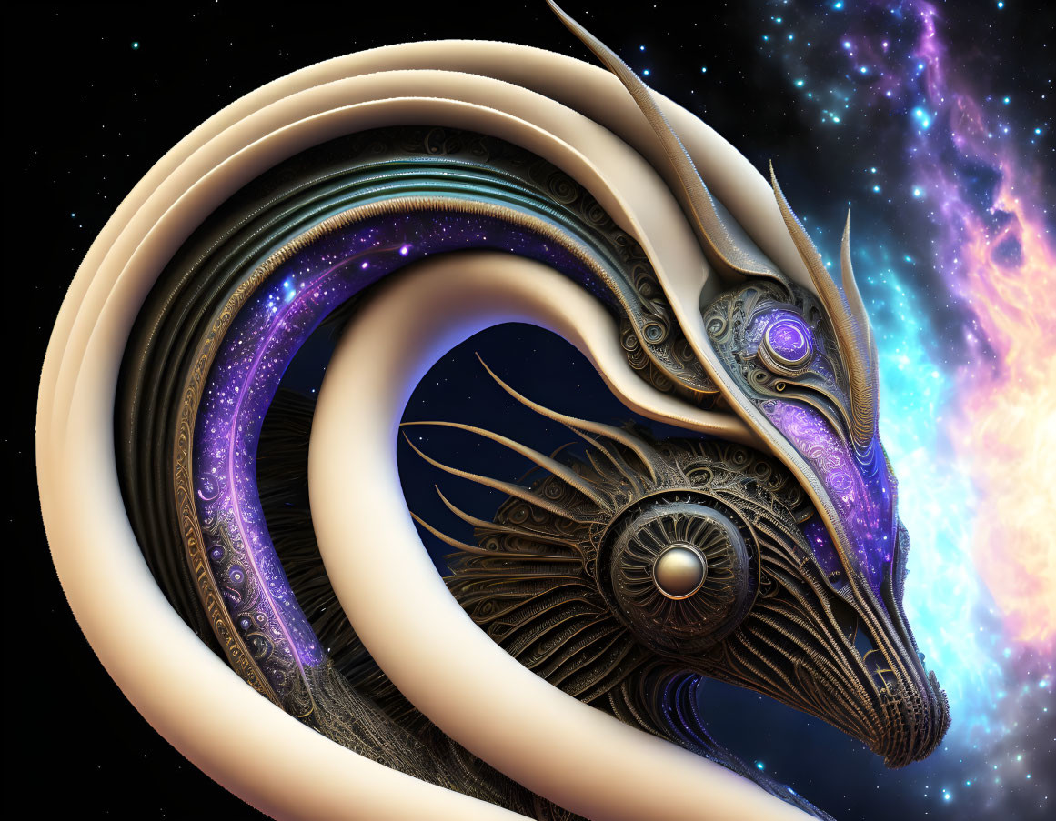 Intricate cosmic dragon with glowing eye in starry nebulae