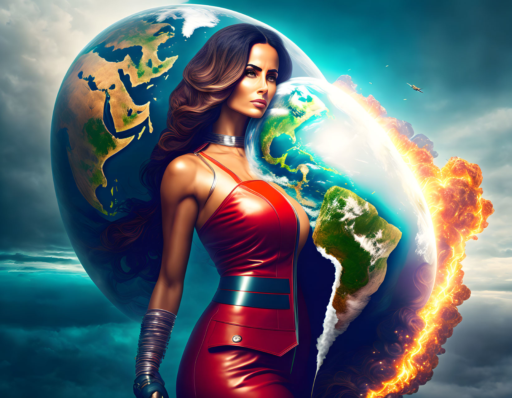 Futuristic woman in red outfit standing confidently before burning Earth