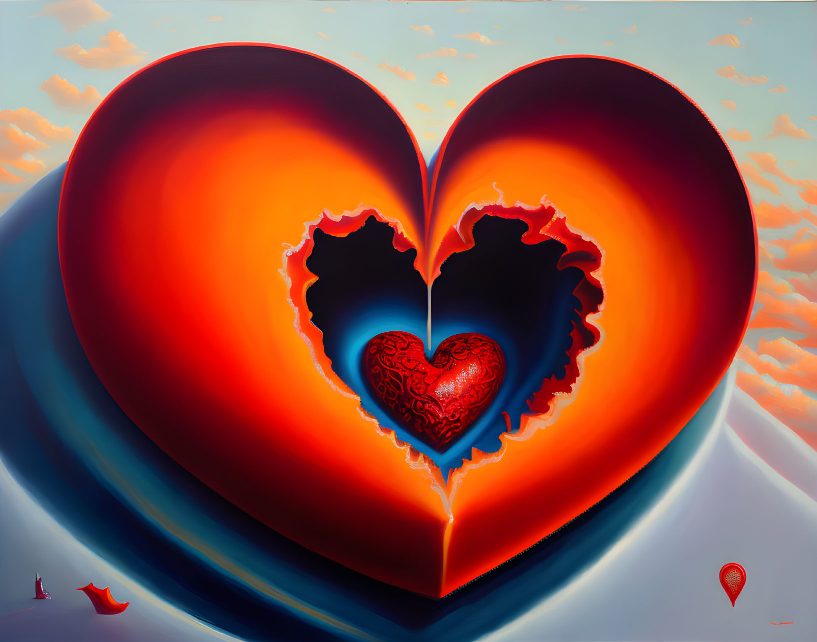 Colorful Heart Painting with Nested Hearts in Red and Blue on Cloudy Sky