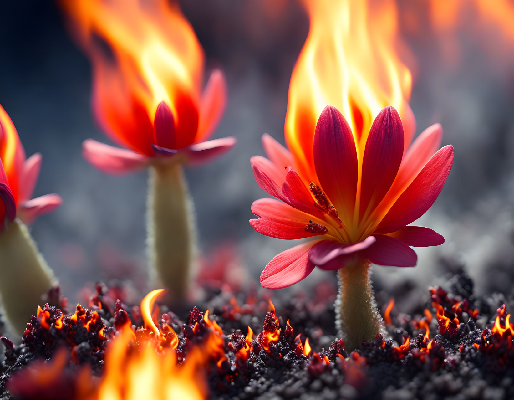 Flaming red flowers in smoldering embers under hazy blue sky