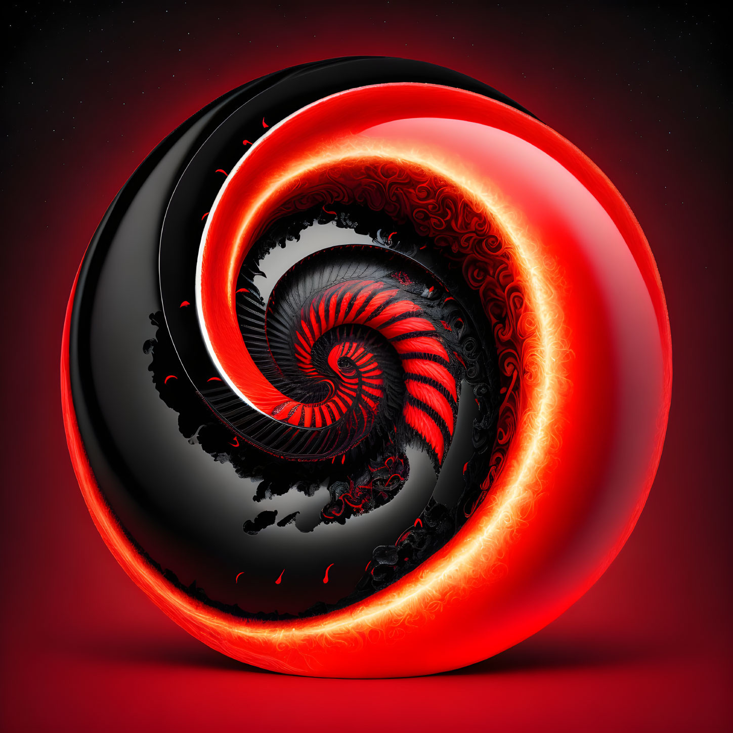 Vivid 3D fractal spiral in black and red on red background