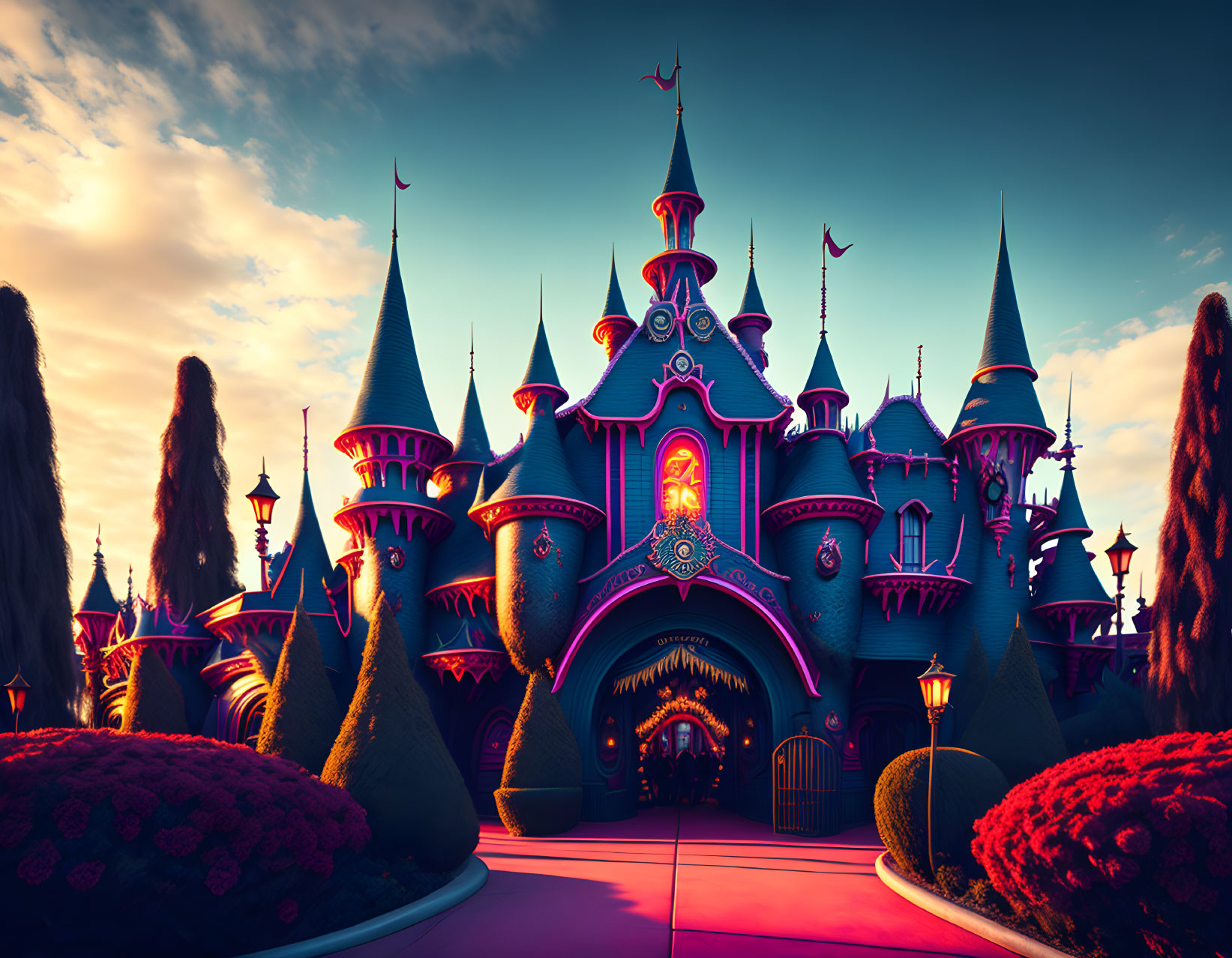 Fantasy castle with spires and flags at dusk in colorful setting