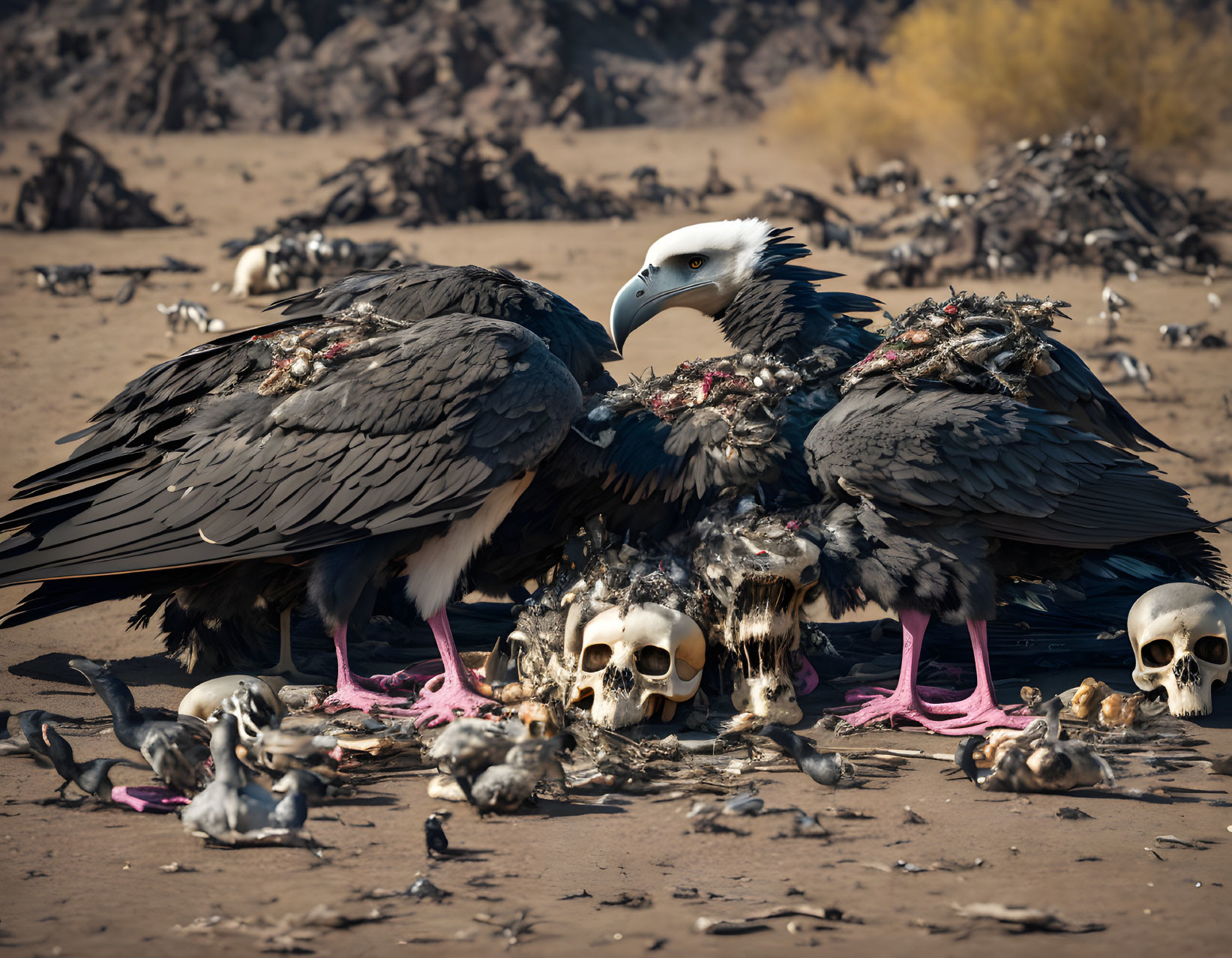 Menacing eagles on pile of bones in barren landscape