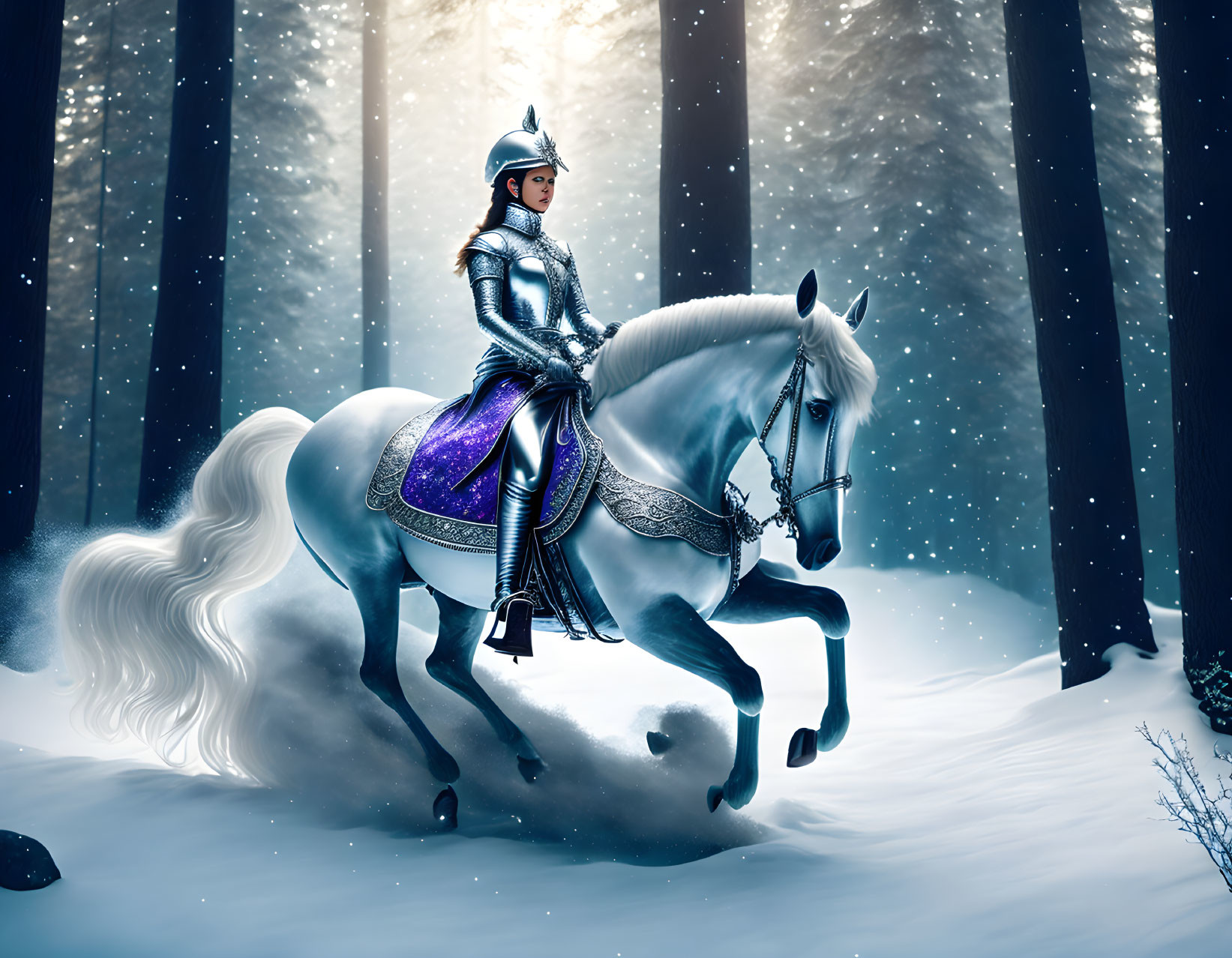 Knight on white horse in snowy forest with sunbeams