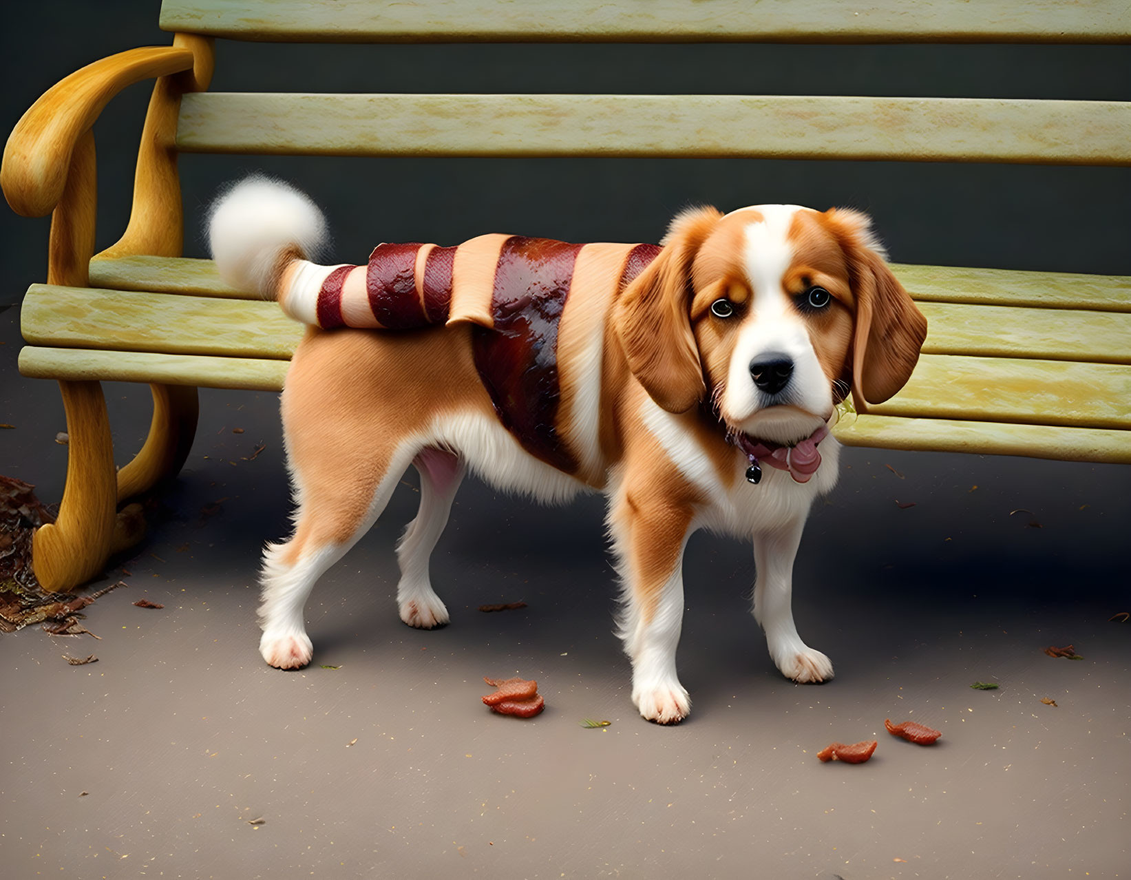 Dog with hotdog bun and sausage on back near bench, sausage falling.