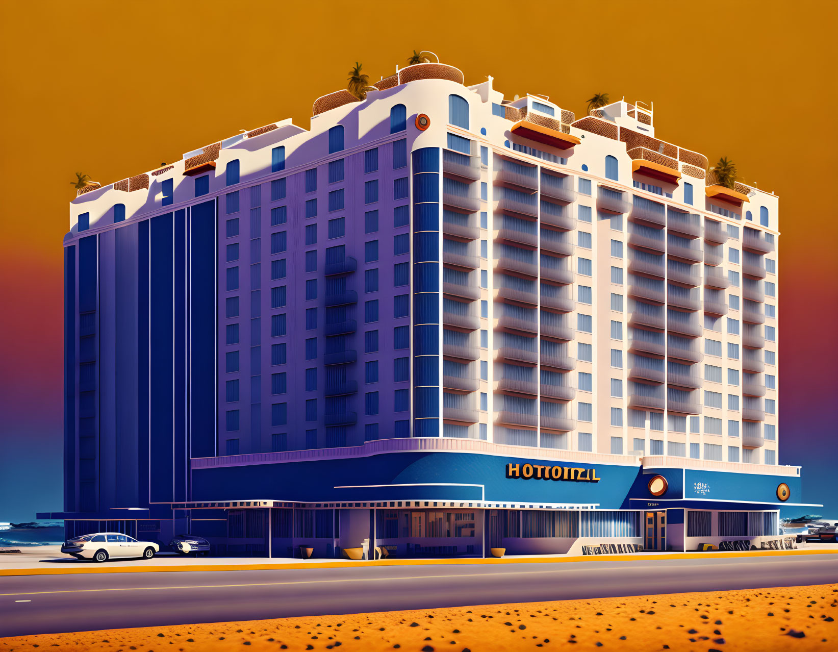 Stylized illustration of blue and white hotel with vintage car and palm trees