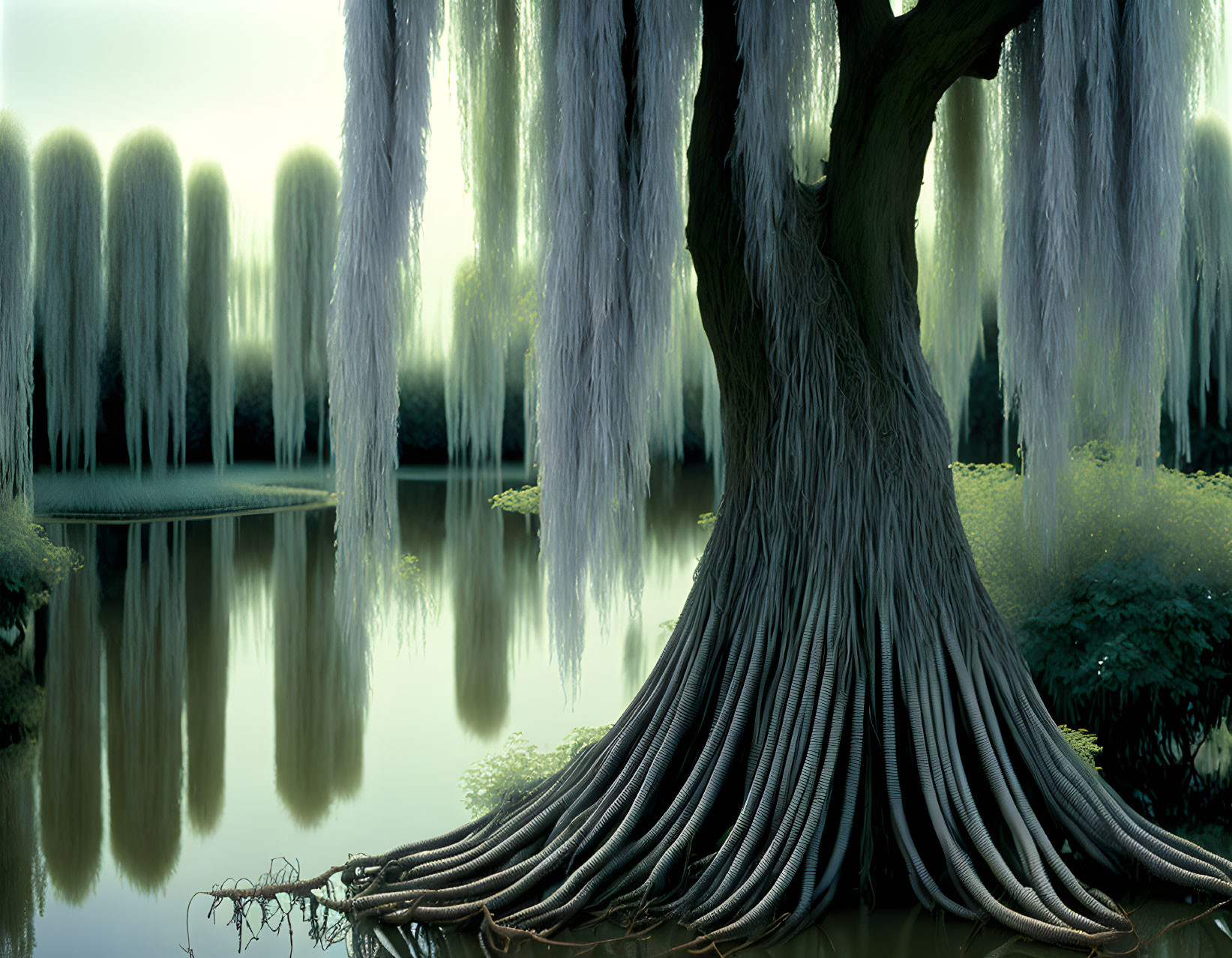 Tranquil pond scene with majestic tree and weeping willows