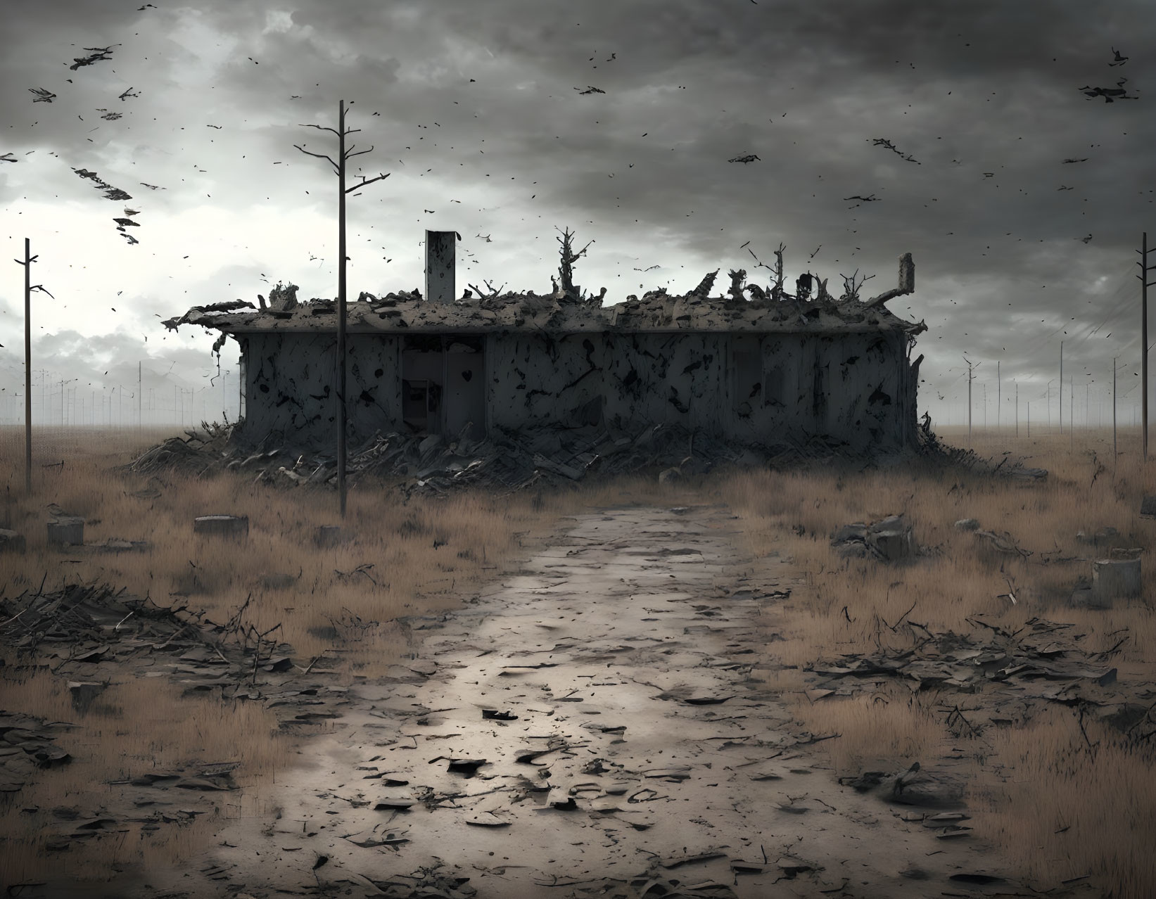 Abandoned building with birds in barren landscape