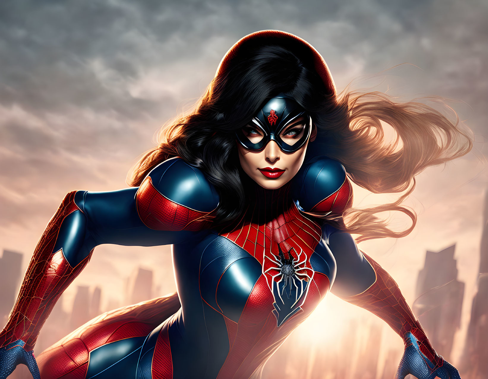 Female superhero in red and blue costume with spider emblem and mask under dramatic sky.