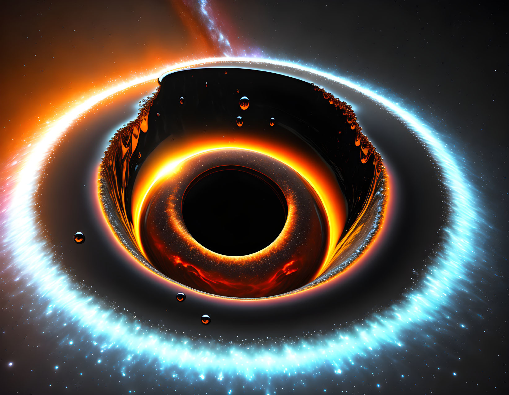 Detailed depiction of black hole with accretion disk and cosmic activity