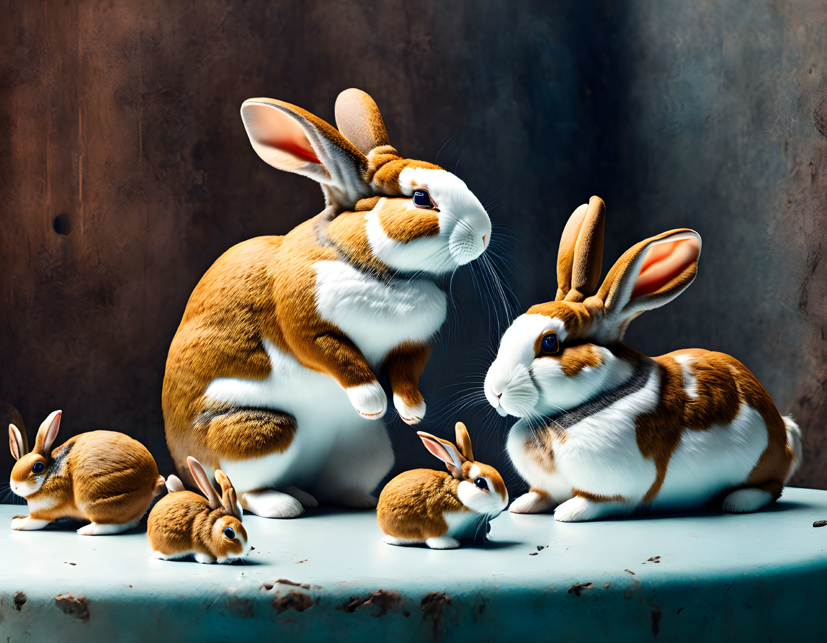 Stylized brown-and-white rabbit family on misty blue surface