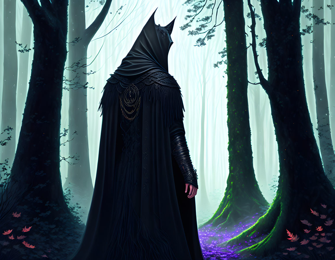 Horned hooded figure in mystical forest with violet path