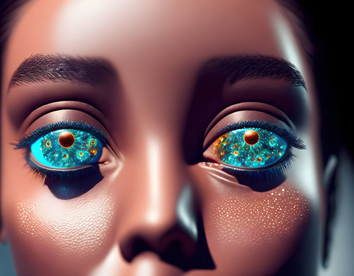 Detailed close-up of face with vibrant blue eyes and intricate golden galaxy-like patterns.