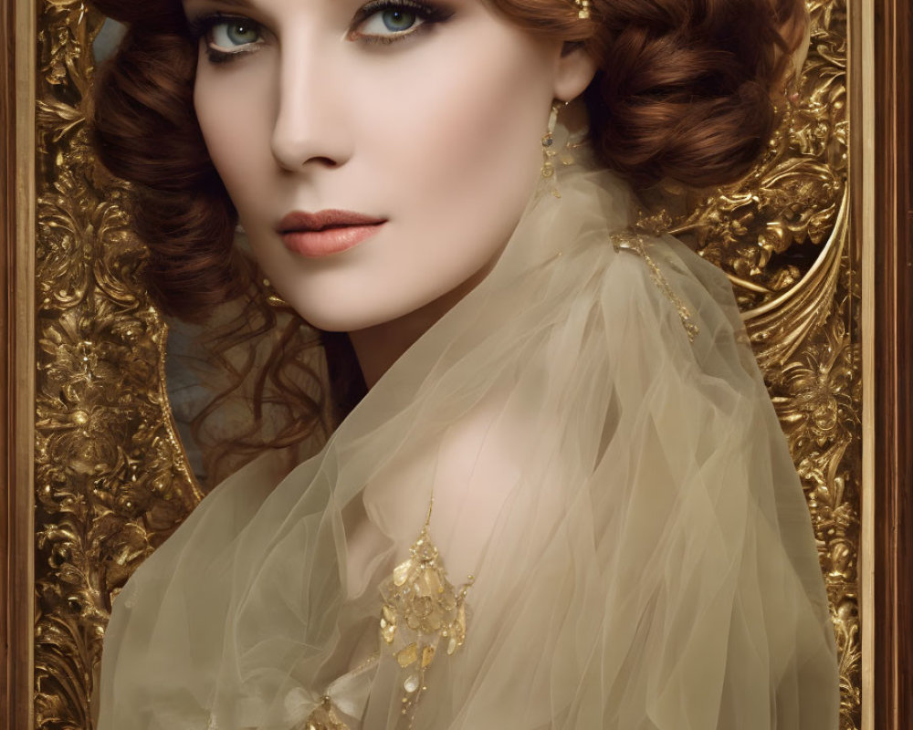 Styled red hair woman in elegant pose with gold accessories on ornate gold background