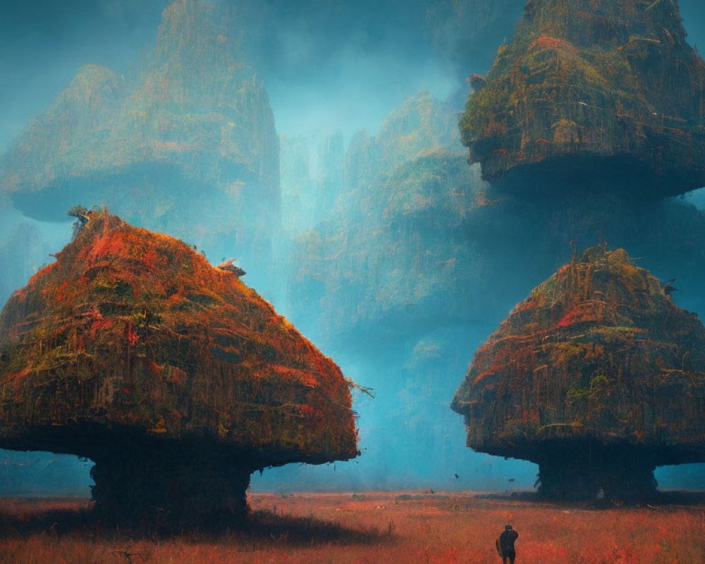 Mystical Landscape with Towering Rock Formations and Red Foliage