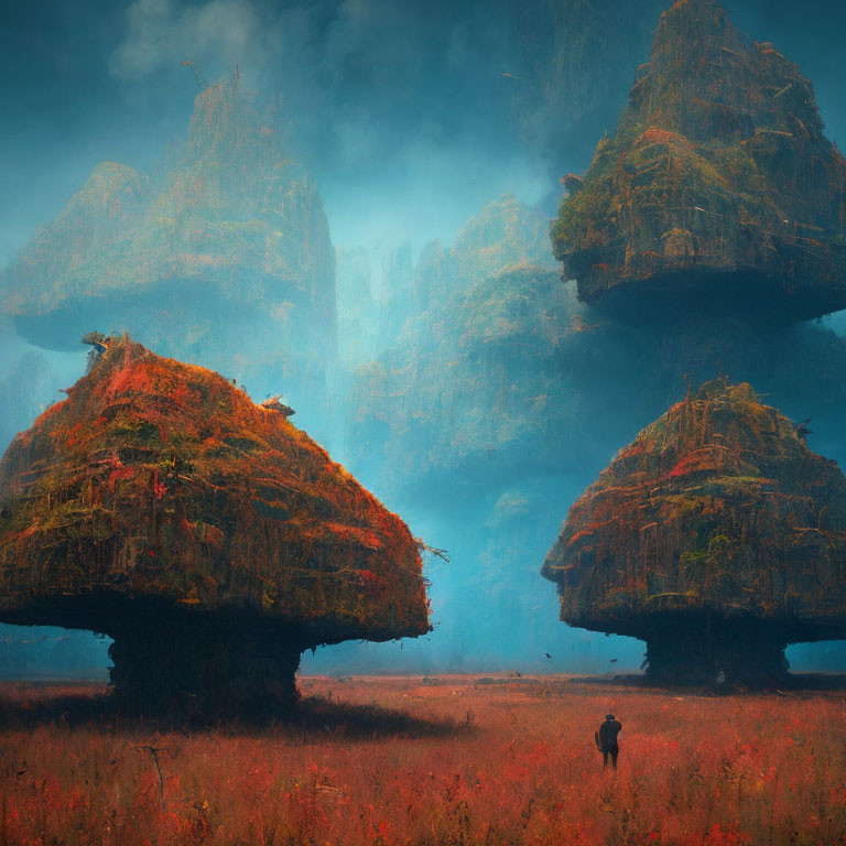 Mystical Landscape with Towering Rock Formations and Red Foliage