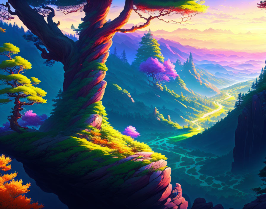 Colorful Fantasy Landscape with Twisted Tree and Purple Mountains at Sunrise/Sunset