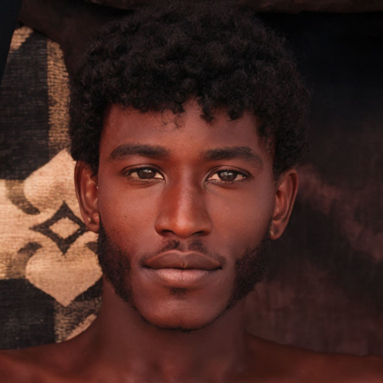 Young man portrait with curly hair and intense eyes against dark background.
