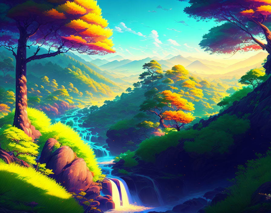 Vibrant landscape with greenery, waterfall, colorful trees, and mountains