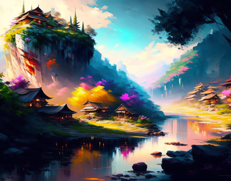 Colorful Fantasy Landscape with River, Traditional Houses, Cliff Temple, and Ethereal Flora