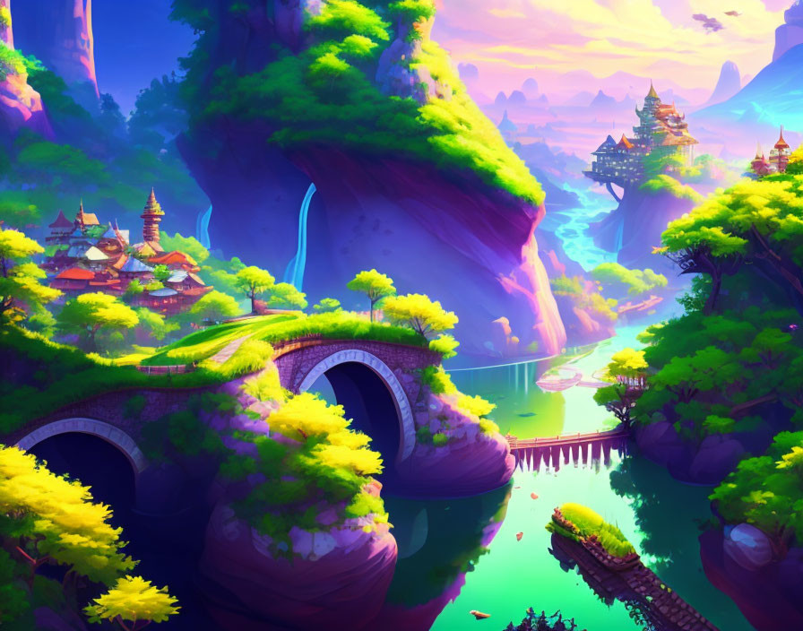 Lush fantasy landscape with waterfalls, river, and cliffs