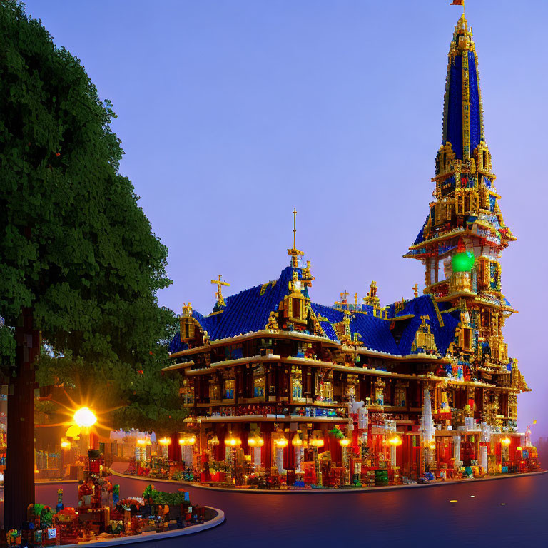 Colorful ornate building with golden spires reflected in water at twilight