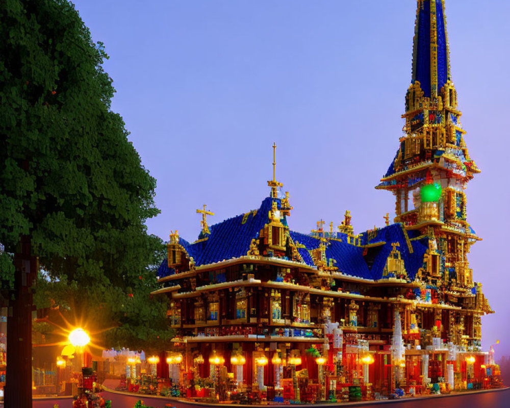 Colorful ornate building with golden spires reflected in water at twilight