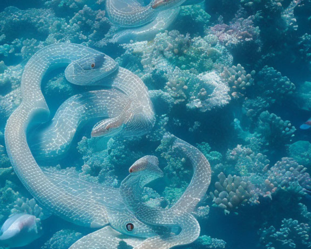 Translucent white eel with patterns swimming among coral reefs in clear blue water