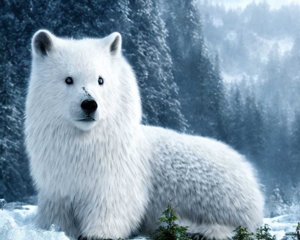 Arctic fox in snowy landscape with pine trees