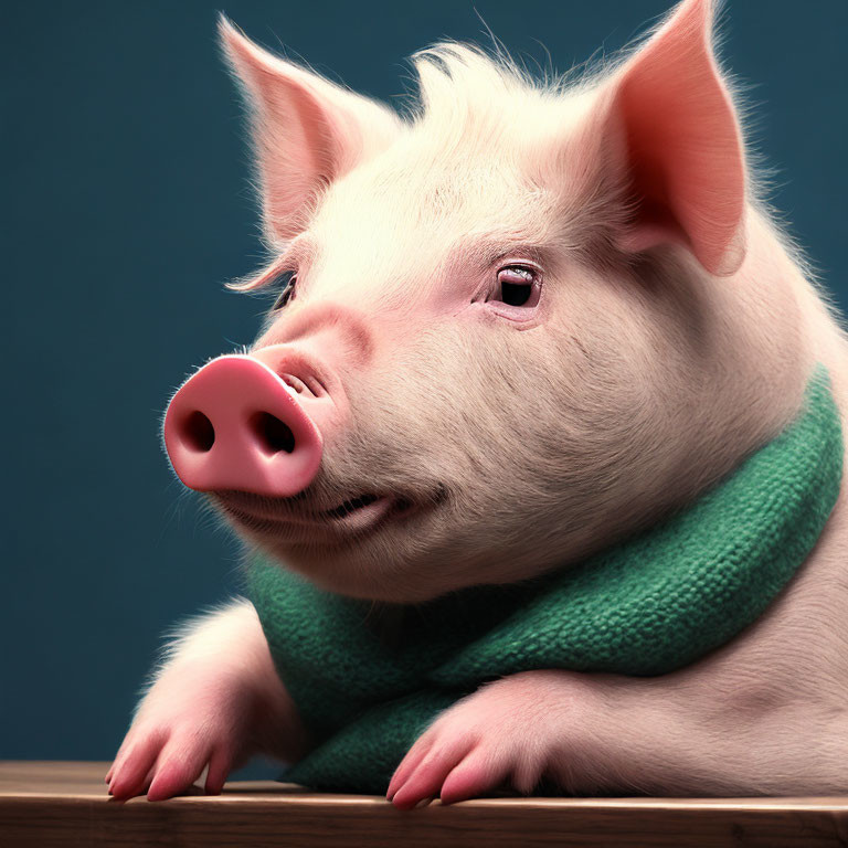 Pink piglet wearing green scarf gazes thoughtfully.