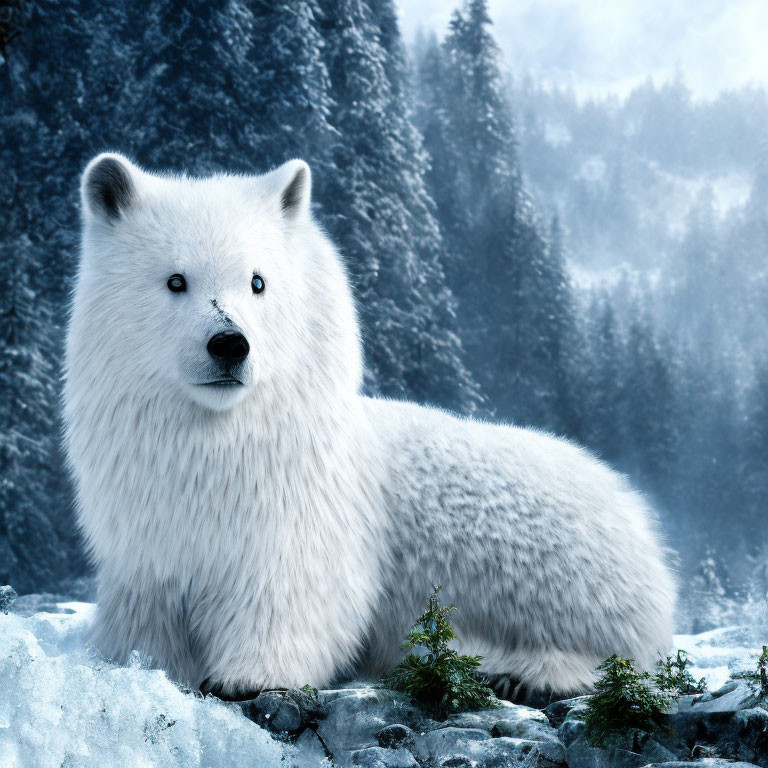 Arctic fox in snowy landscape with pine trees