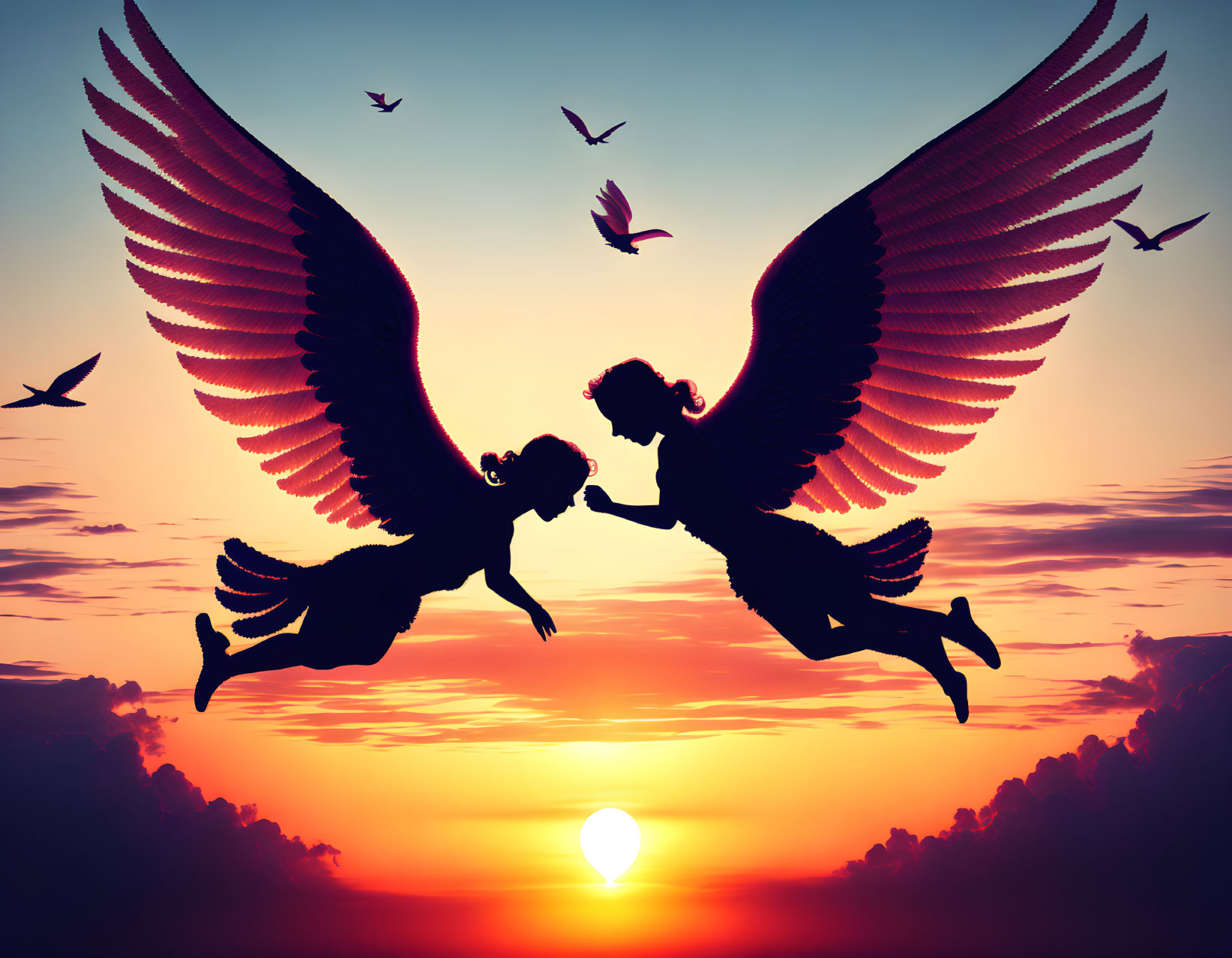 Romantic silhouette of winged figures at sunset