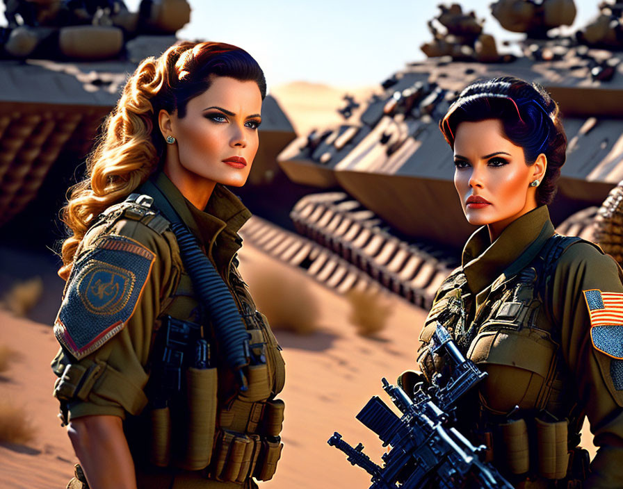 Two Women in Military Garb with Stylized Hair in Desert with Tanks