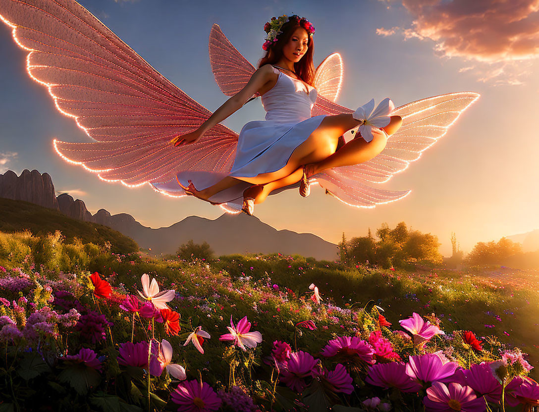 Person in White Dress with Butterfly Wings Hovering over Colorful Flower Field at Sunset