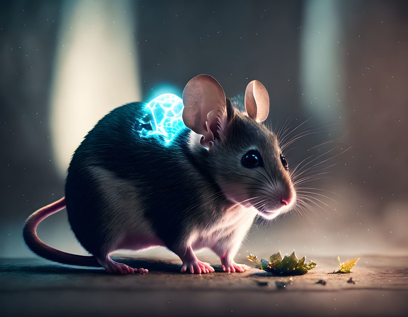 Mouse with Transparent Ears and Glowing Blue Brain on Dusty Background