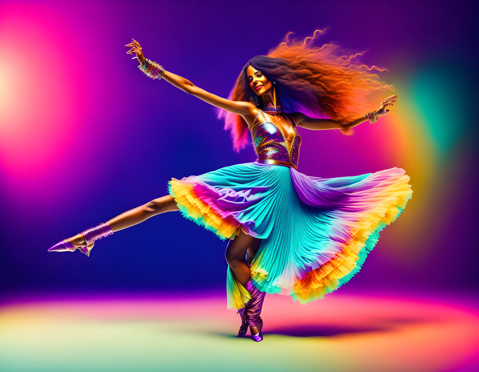 Colorful dress dancer with flowing hair on purple gradient background