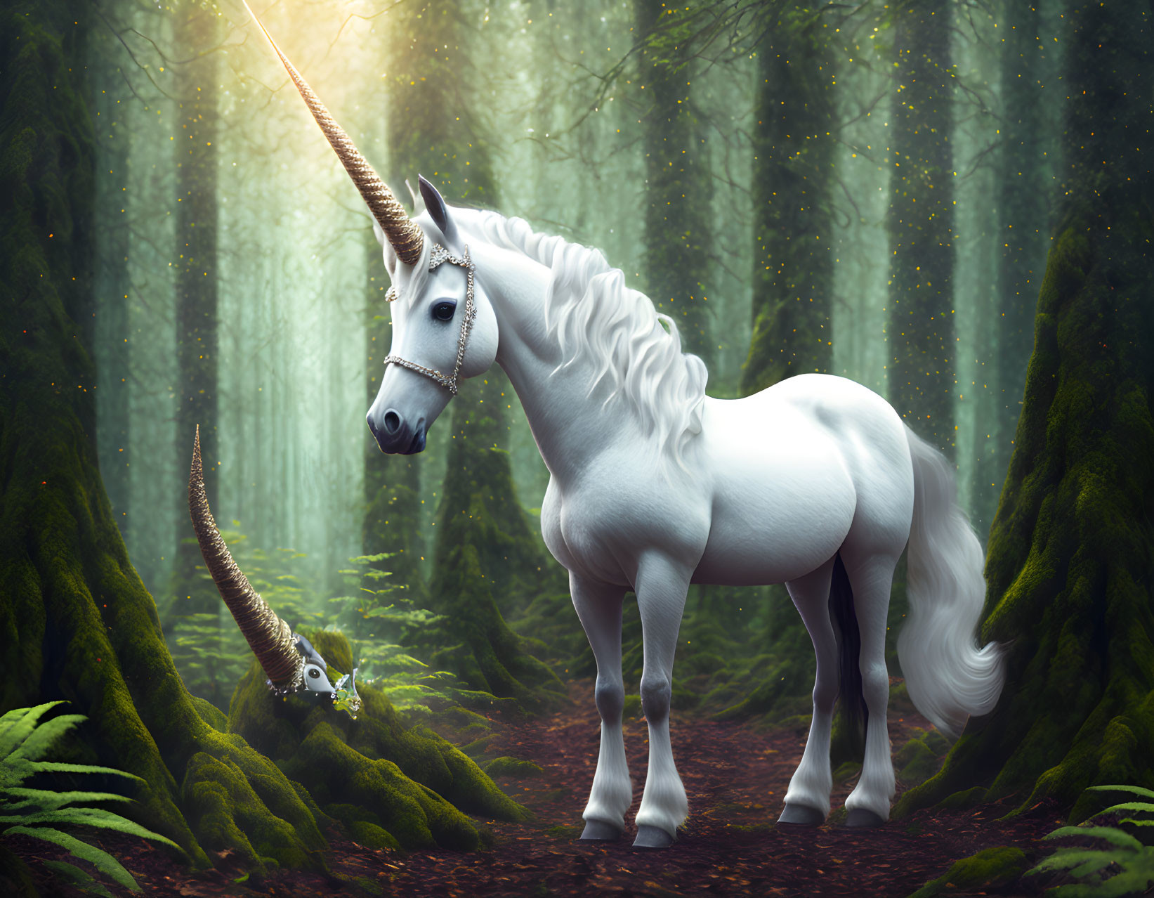 Majestic white unicorn with spiraling horn in mystical green forest