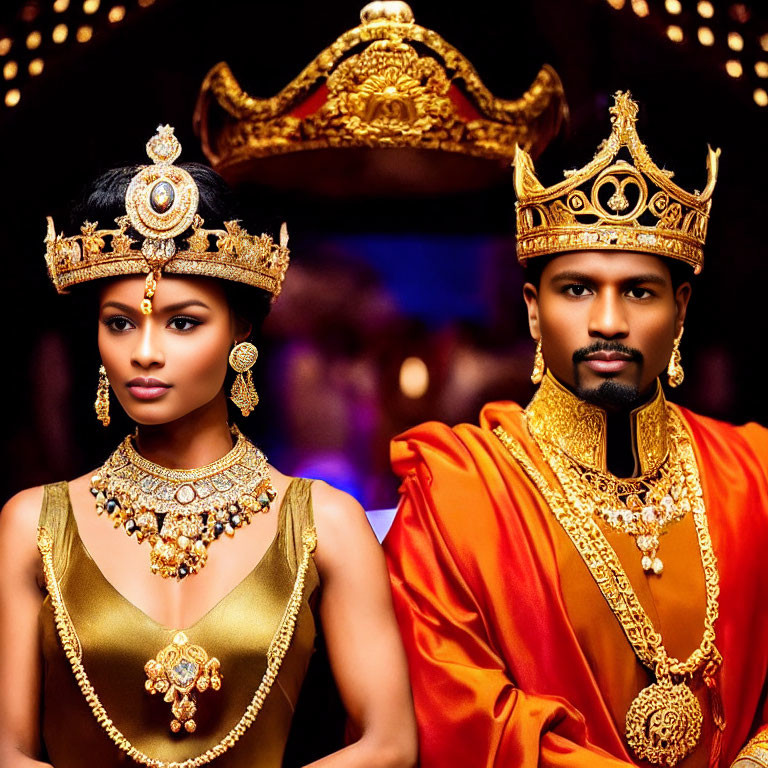 Regal couple in golden crowns and elegant attire