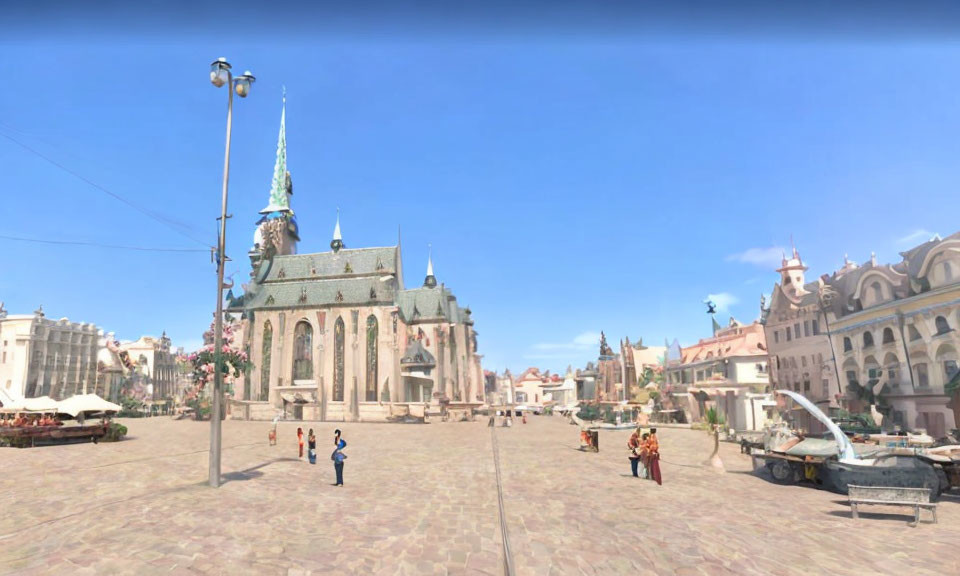 European-style Plaza with Historic Buildings and Church Spire