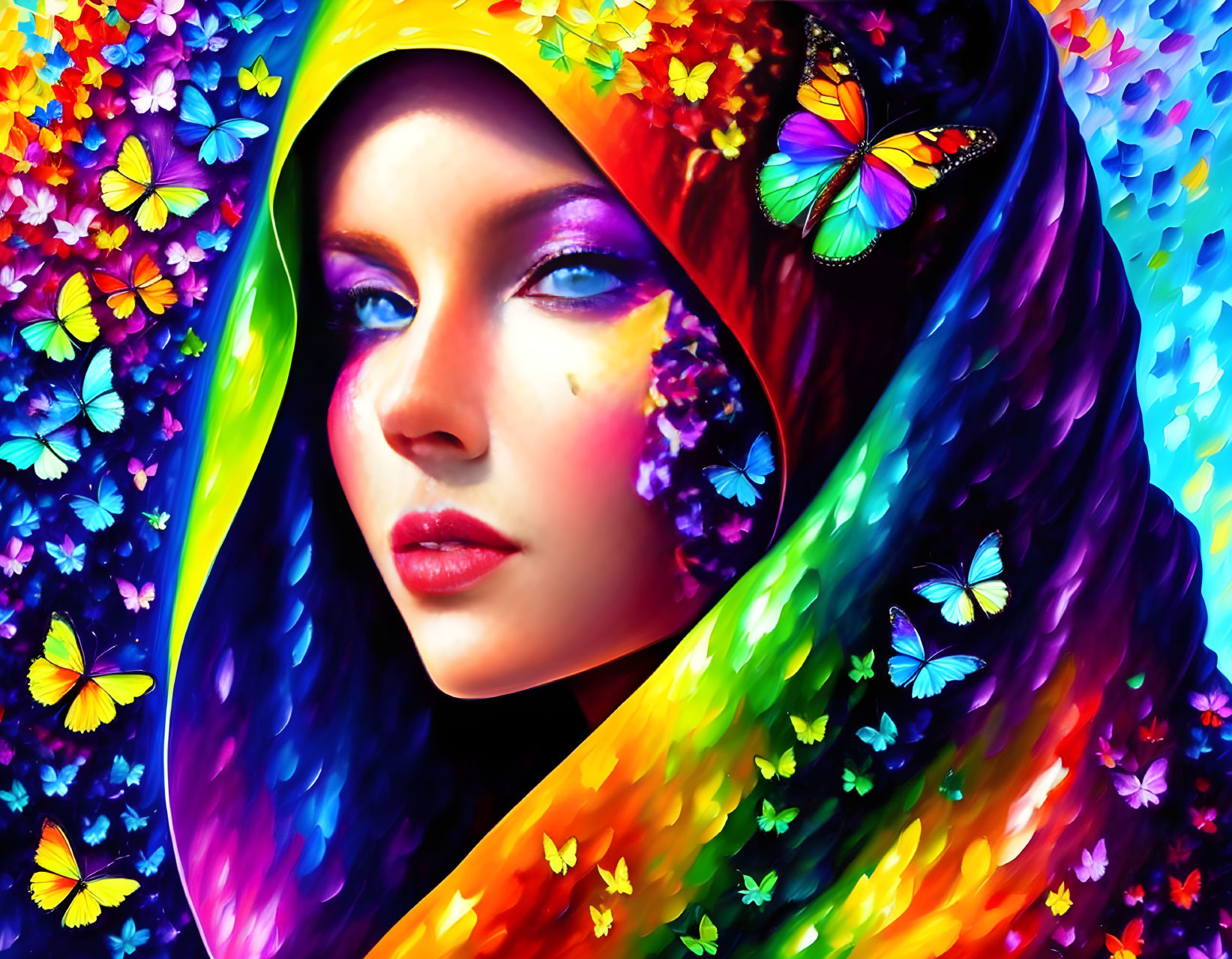 Colorful digital artwork of a woman with butterfly shawl and bold makeup