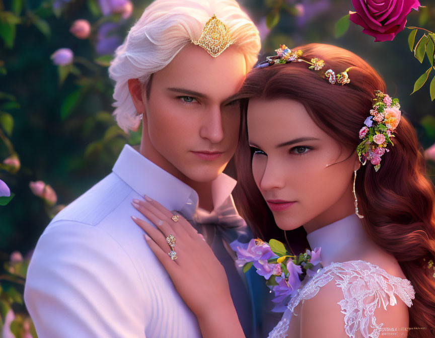 Animated man and woman with elaborate hairstyles and elegant jewelry in dreamy floral setting