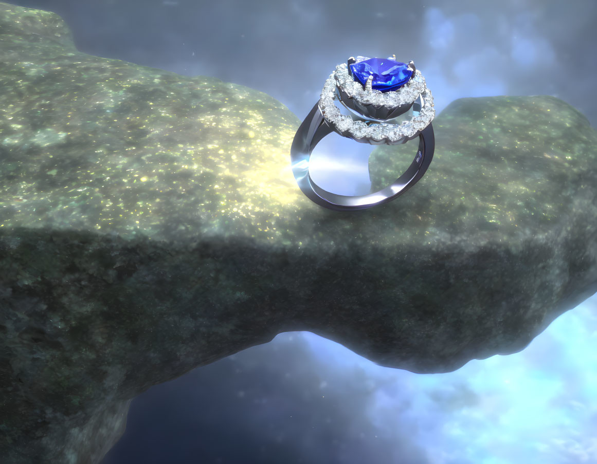 Elegant Blue Gemstone Ring with Diamond Encrustations on Rocky Surface