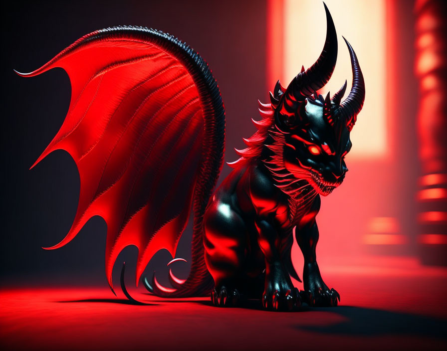 Black and Red Dragon with Large Wings and Horns in Sinister Setting